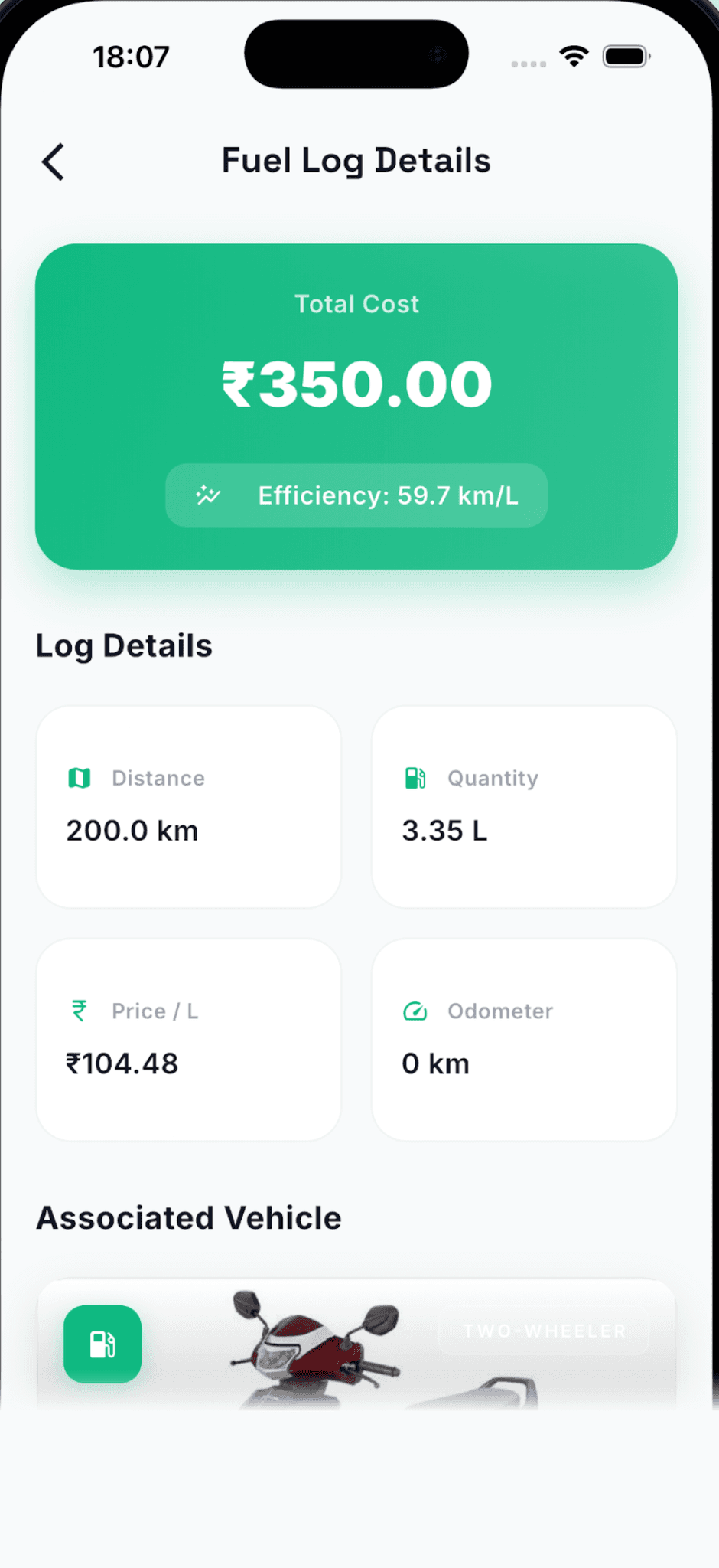 AutoVault fuel log details with total cost, fuel efficiency, distance, quantity, price per litre and odometer