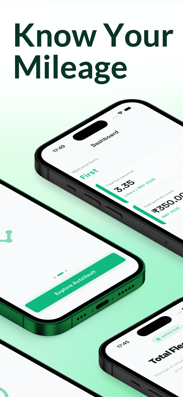 AutoVault store panel: Know Your Mileage, with angled phones showing the dashboard