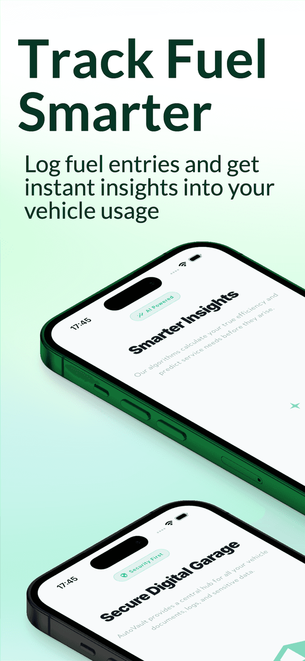AutoVault store panel: Track Fuel Smarter, with angled phones showing insights and the digital garage