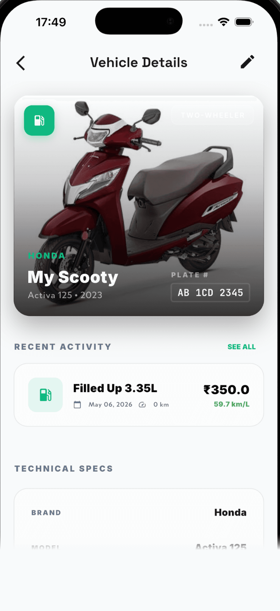 AutoVault vehicle details screen showing a Honda Activa with its plate number, recent fuel activity and technical specs