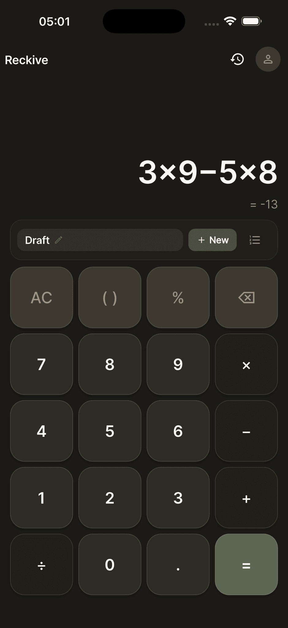 Reckive calculator screen evaluating 3×9−5×8 with a live result of −13, a Draft session bar and the warm dark keypad