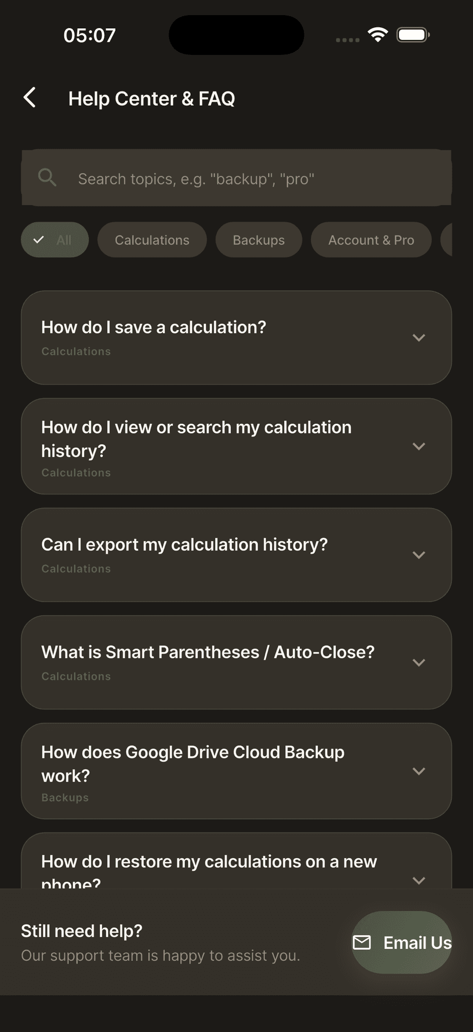 Reckive Help Center and FAQ screen with searchable topics about saving, backups and Pro