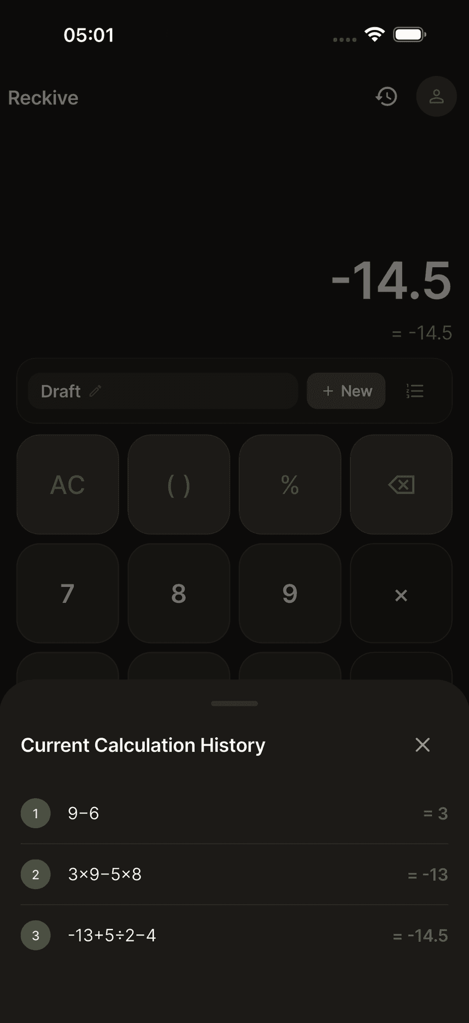 Reckive showing the Current Calculation History sheet with three chained steps and their results