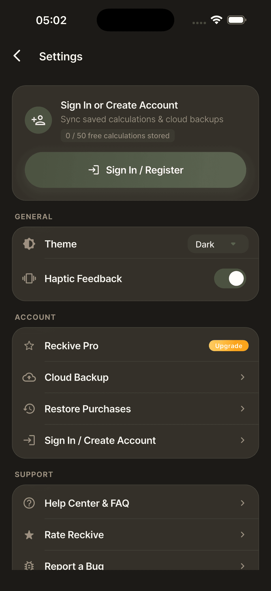Reckive settings screen with sign-in, theme, haptic feedback and Reckive Pro options